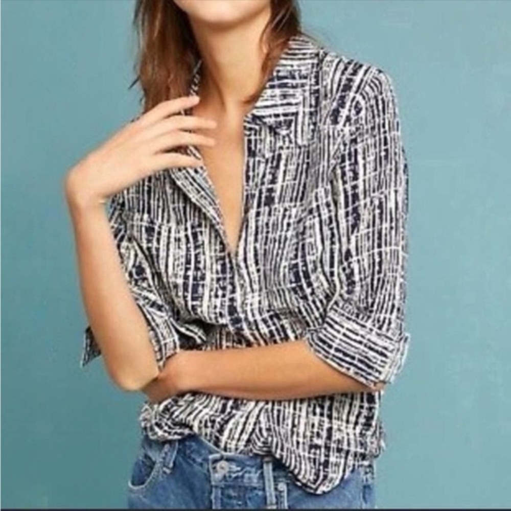 HOLDING HORSES Sammie Button Up Shirt‎ Navy Cream Size 6